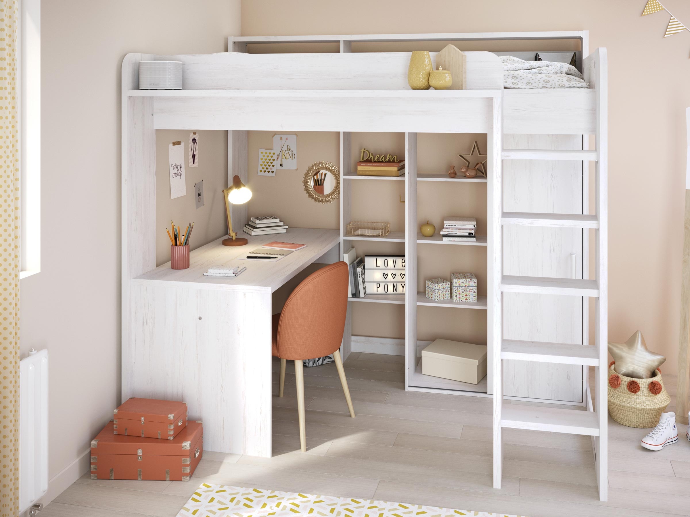 Higher Multifunksjonell seng med Skrivebord og Garderobe 90x200 - Hvit/Natur