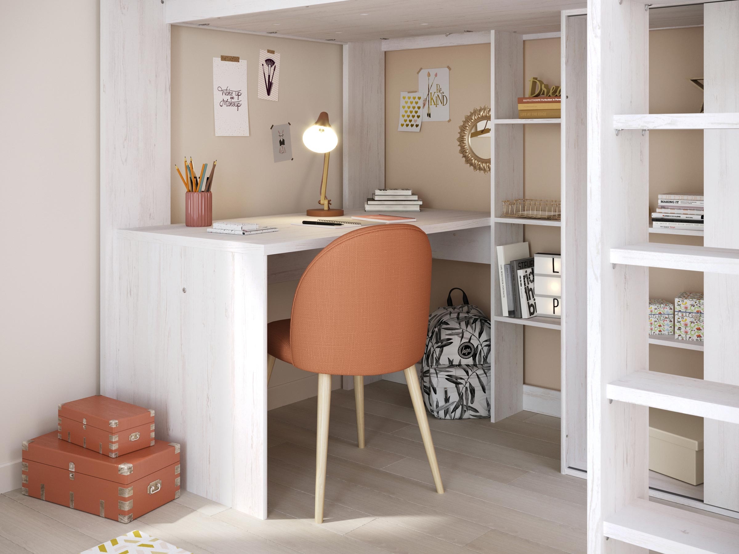 Higher Multifunksjonell seng med Skrivebord og Garderobe 90x200 - Hvit/Natur