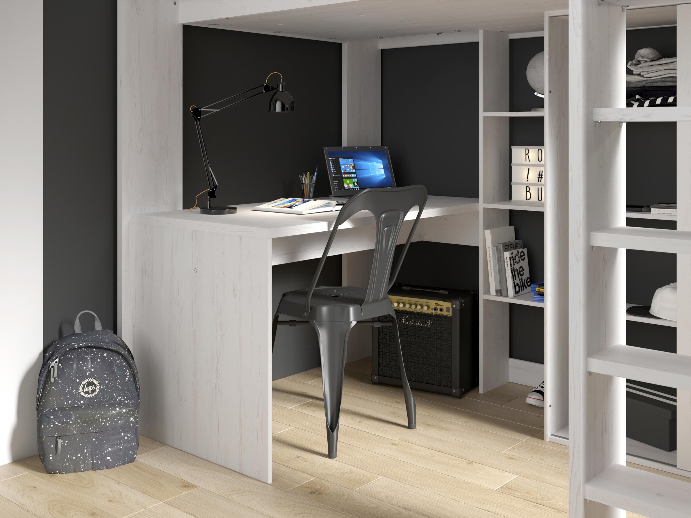 Higher Multifunksjonell seng med Skrivebord og Garderobe 90x200 - Hvit/Natur