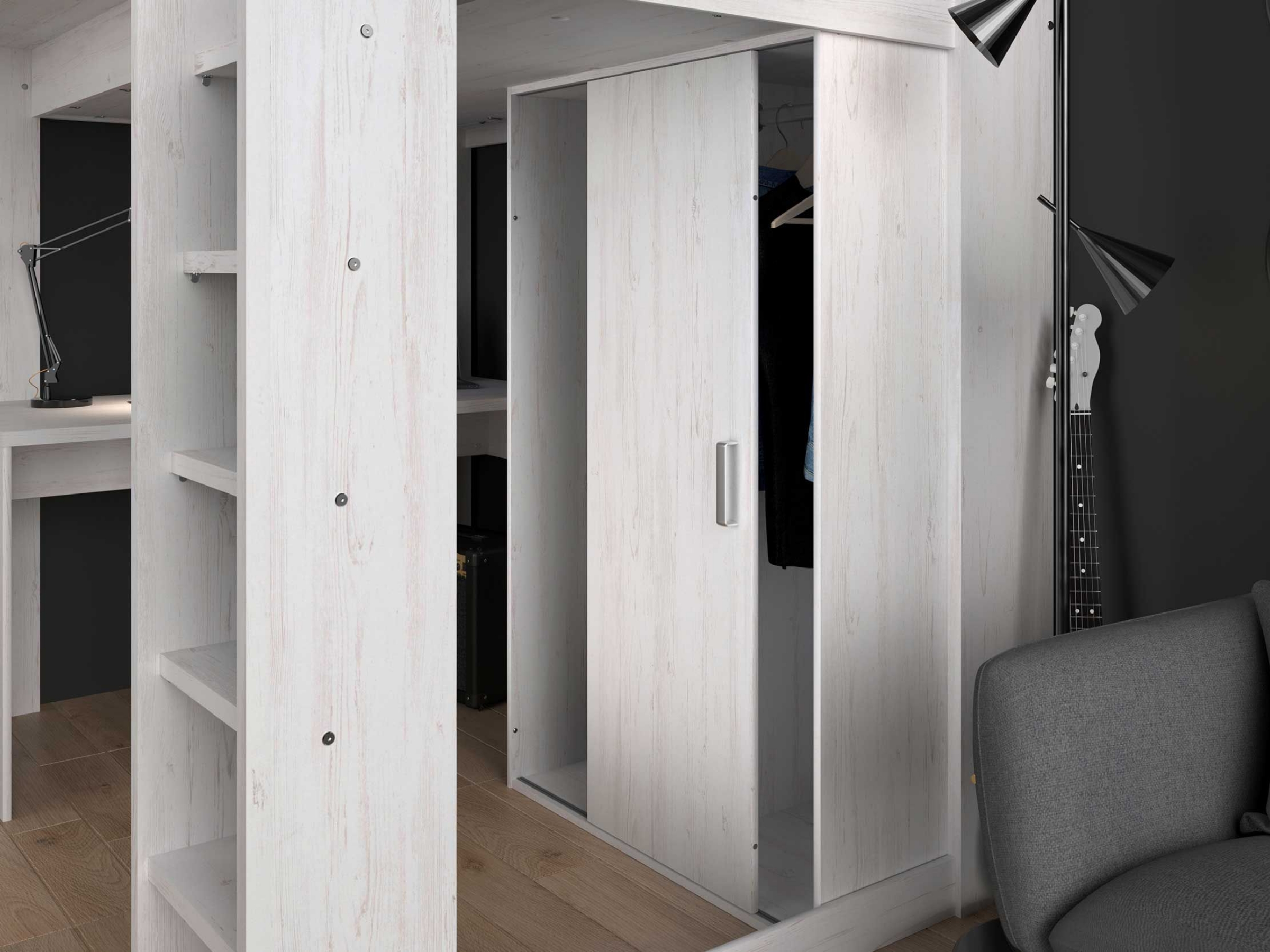 Higher Multifunksjonell seng med Skrivebord og Garderobe 90x200 - Hvit/Natur