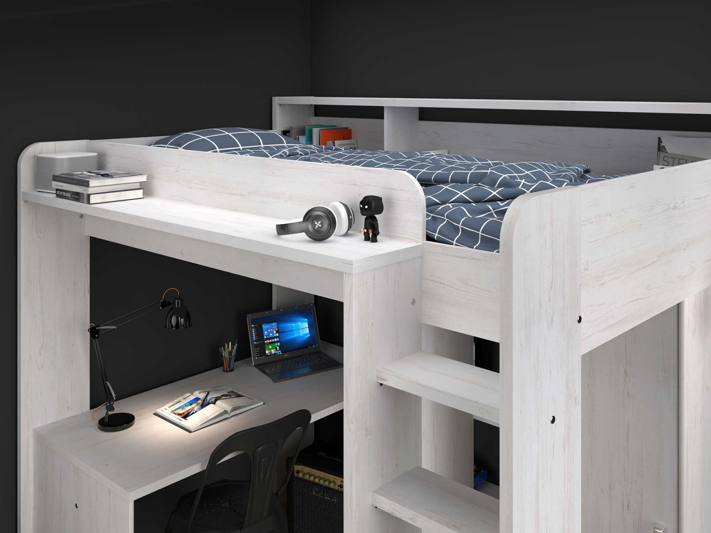 Higher Multifunksjonell seng med Skrivebord og Garderobe 90x200 - Hvit/Natur