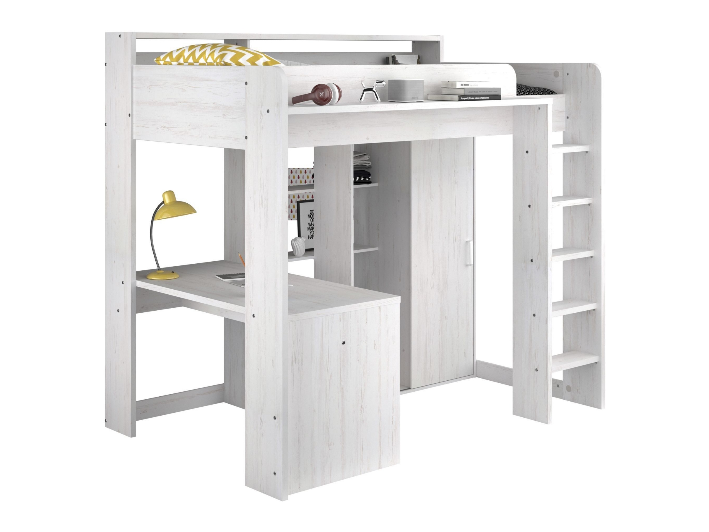 Higher Multifunksjonell seng med Skrivebord og Garderobe 90x200 - Hvit/Natur