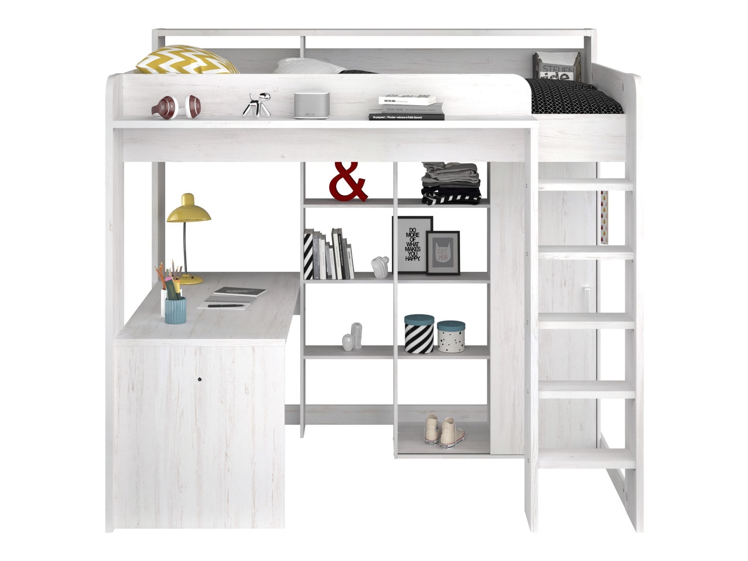 Higher Multifunksjonell seng med Skrivebord og Garderobe 90x200 - Hvit/Natur