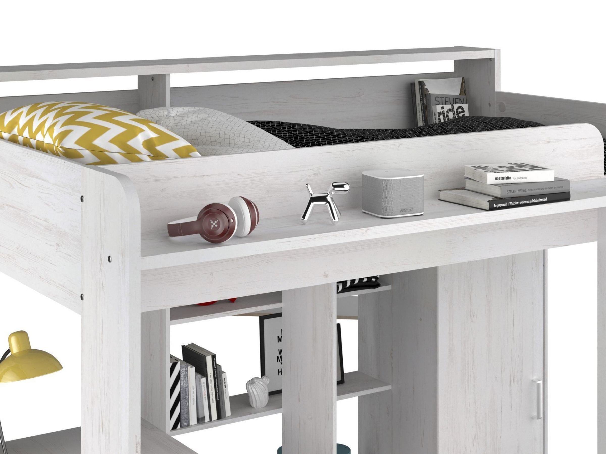 Higher Multifunksjonell seng med Skrivebord og Garderobe 90x200 - Hvit/Natur