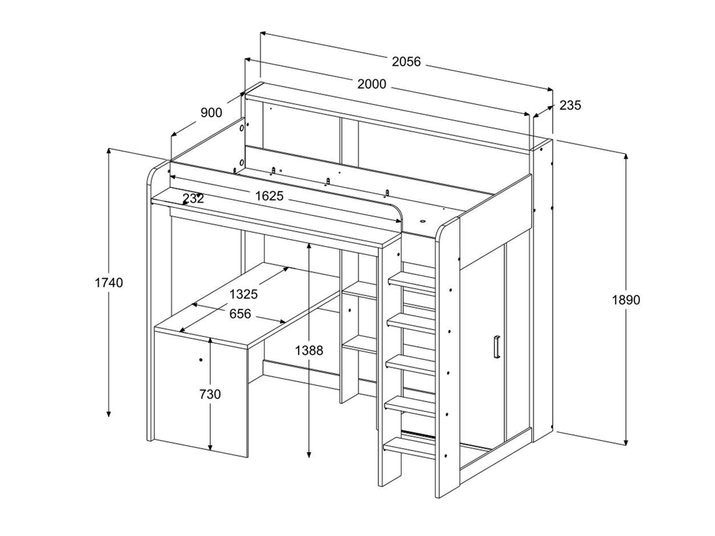 Higher Multifunksjonell seng med Skrivebord og Garderobe 90x200 - Hvit/Natur