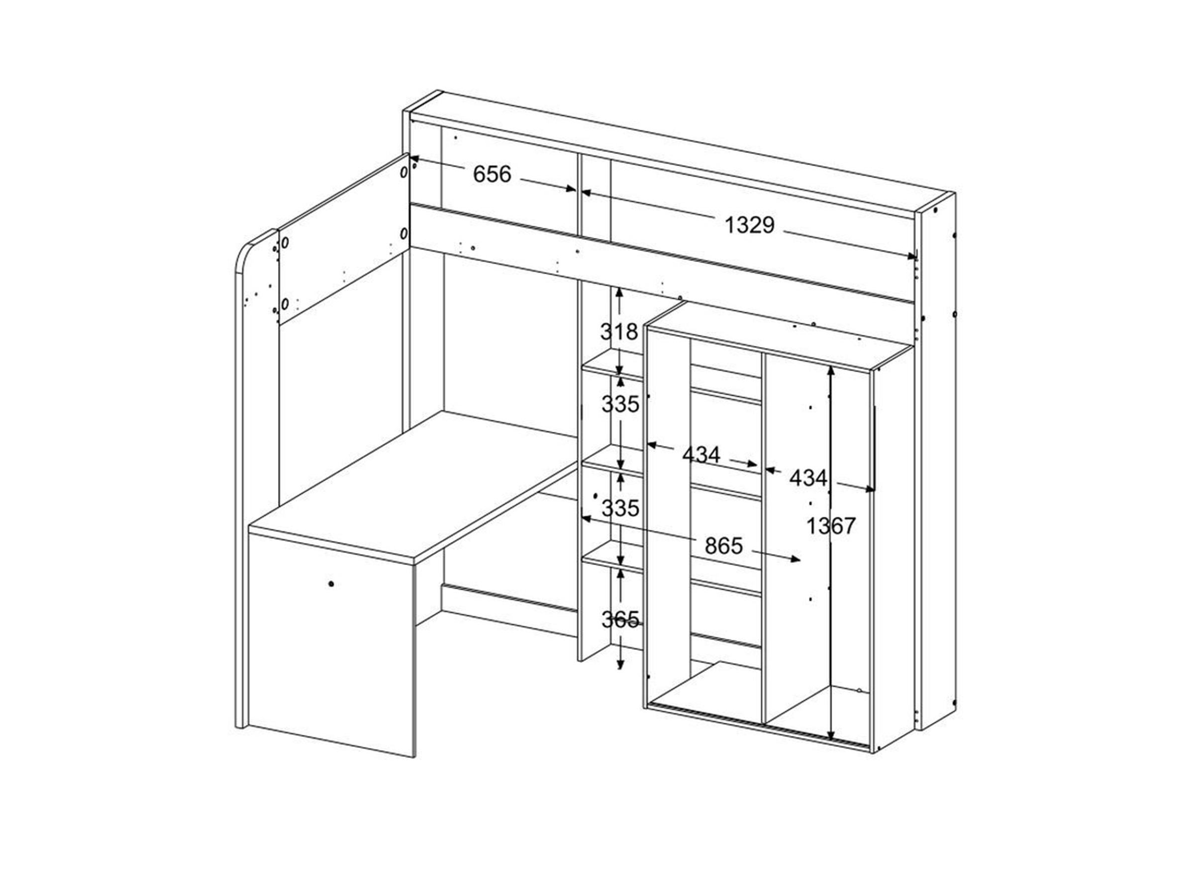 Higher Multifunksjonell seng med Skrivebord og Garderobe 90x200 - Hvit/Natur