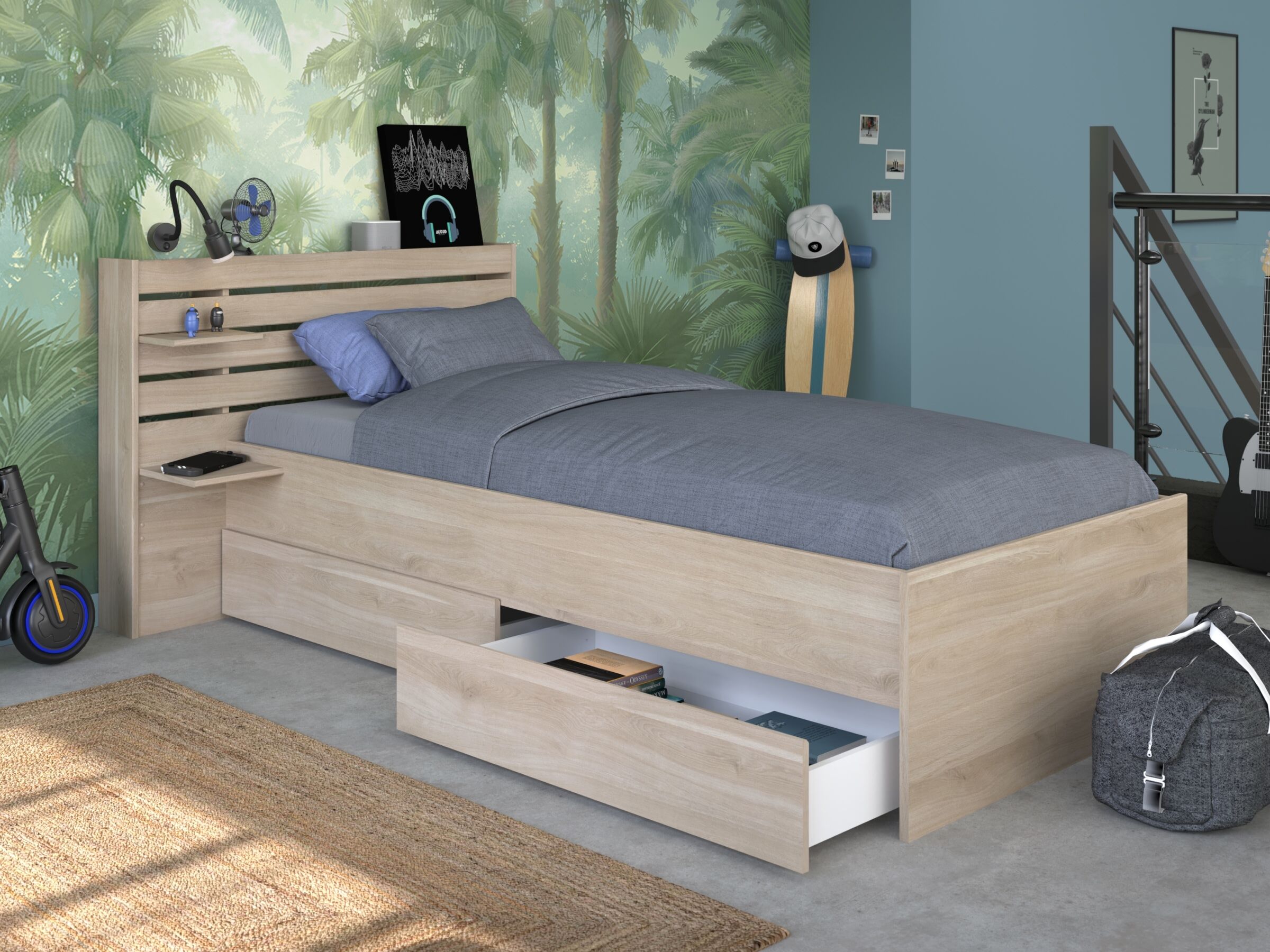 Escale Barneseng med Skuffer og Hodegavl 90x200 - Eik