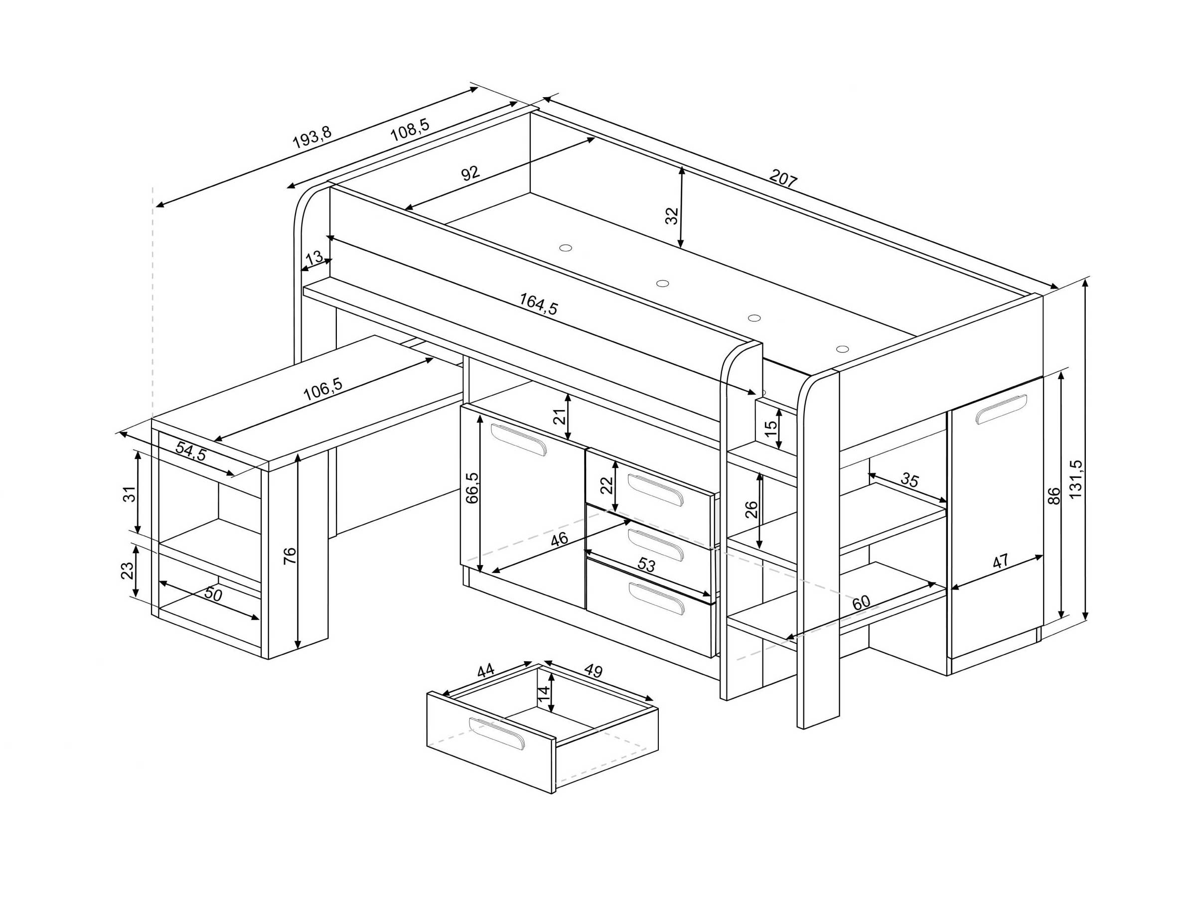 Exclusive Halvhøy Seng med Skrivebord 90x200 - Hvit/Natur