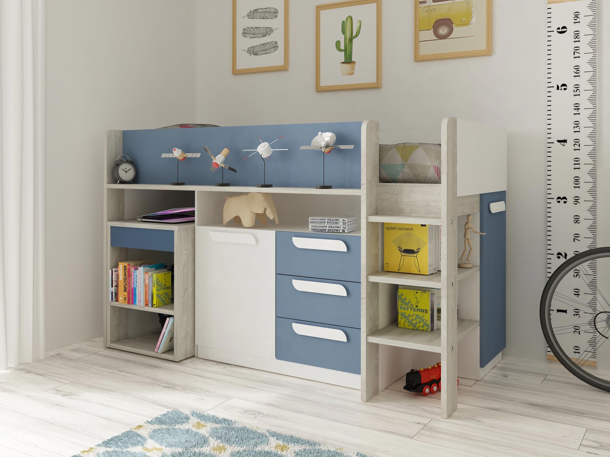 Exclusive Halvhøy Seng med Skrivebord 90x200 - Blå/Natur