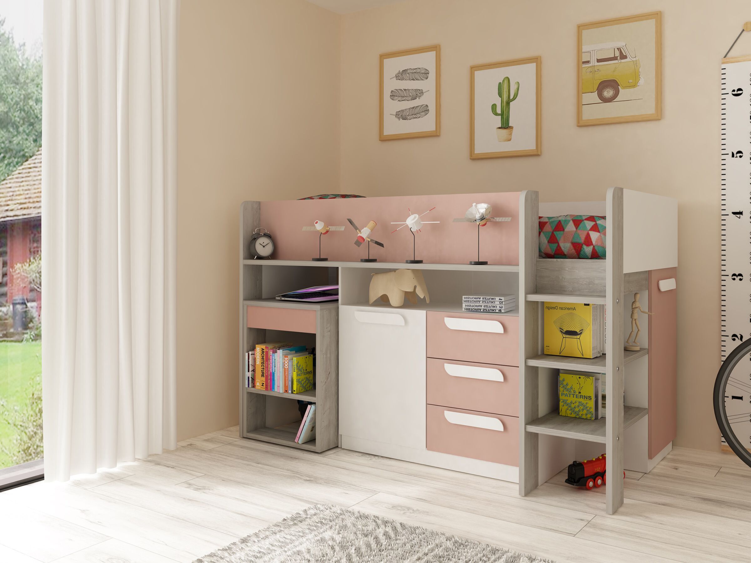 Exclusive Halvhøy Seng med Skrivebord 90x200 - Rosa/Natur