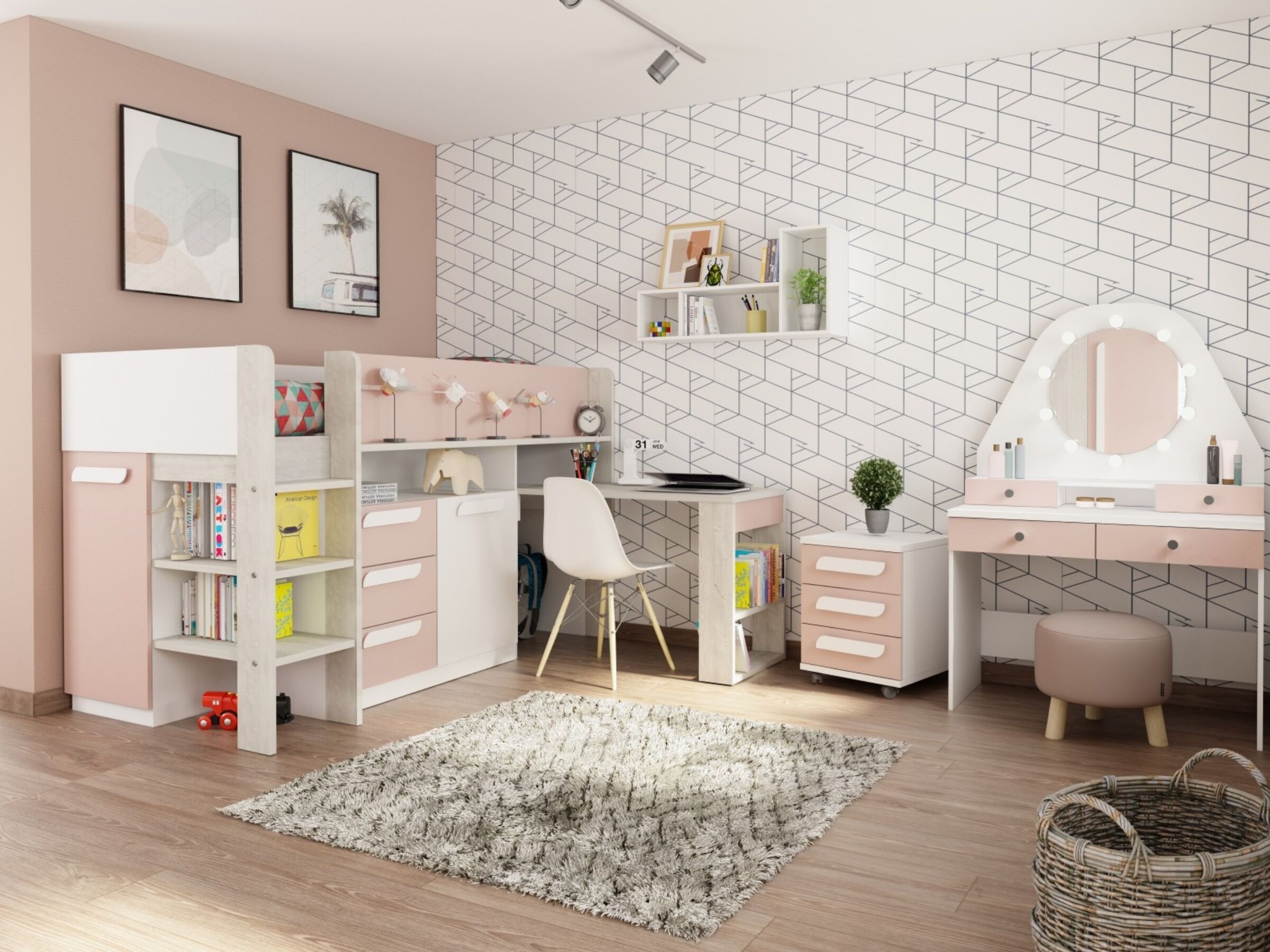 Exclusive Halvhøy Seng med Skrivebord 90x200 - Rosa/Natur