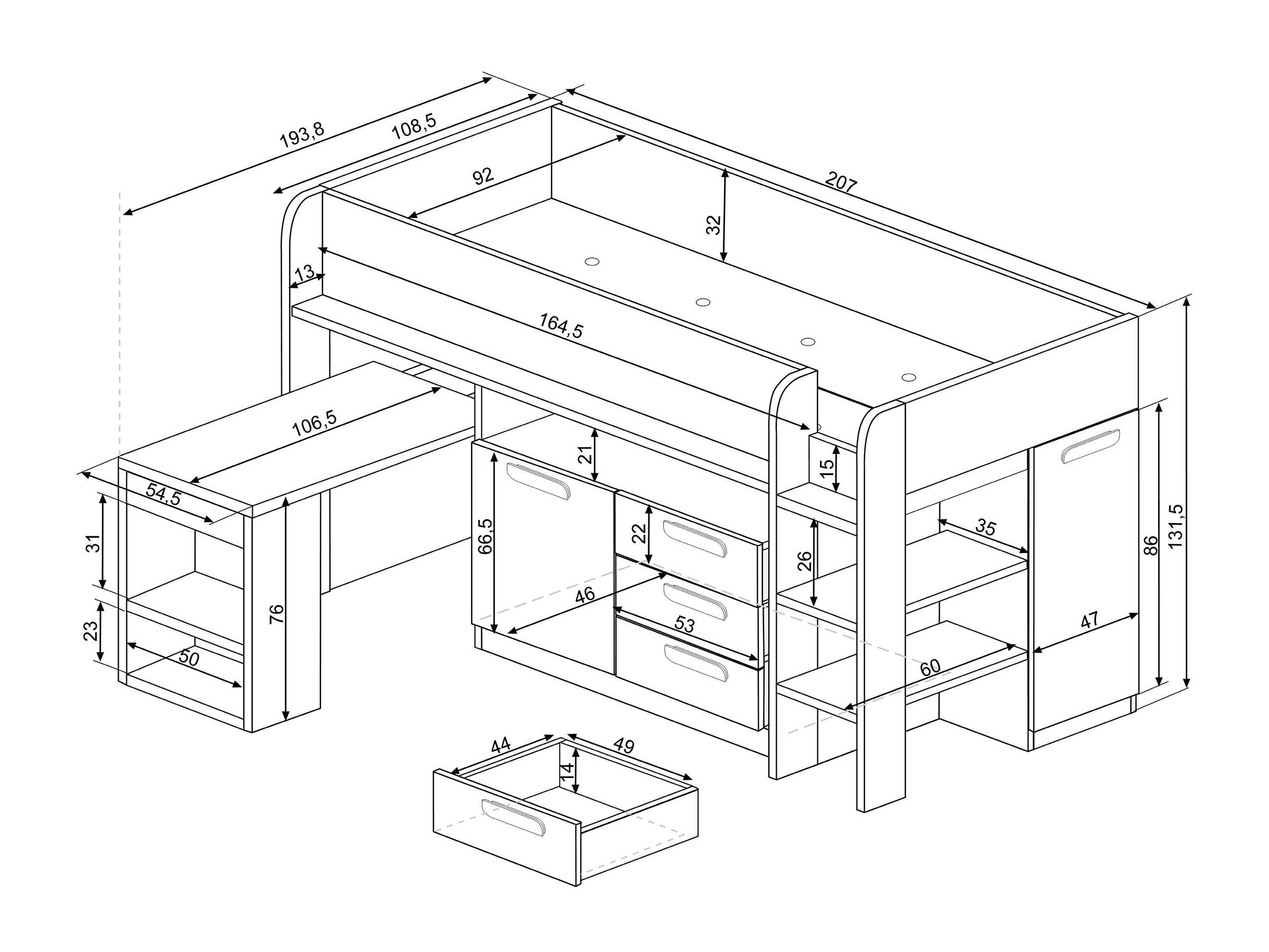 Exclusive Halvhøy Seng med Skrivebord 90x200 - Rosa/Natur