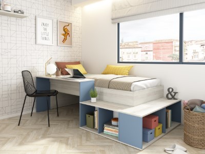 Blake Barneseng med Oppbevaring og Skrivebord 90x200 - Blå/Natur