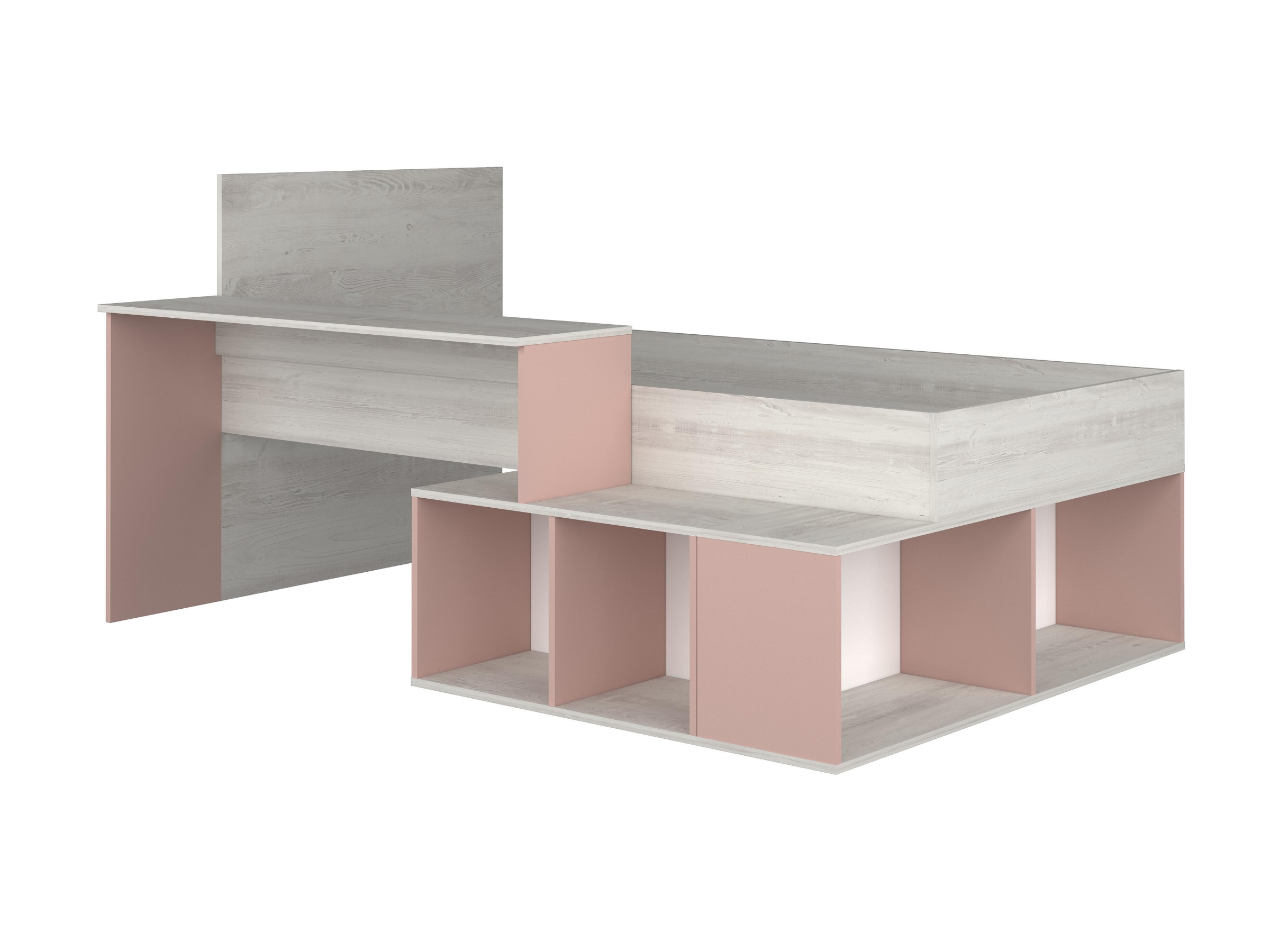 Blake Barneseng med Oppbevaring og Skrivebord 90x200 - Rosa/Natur