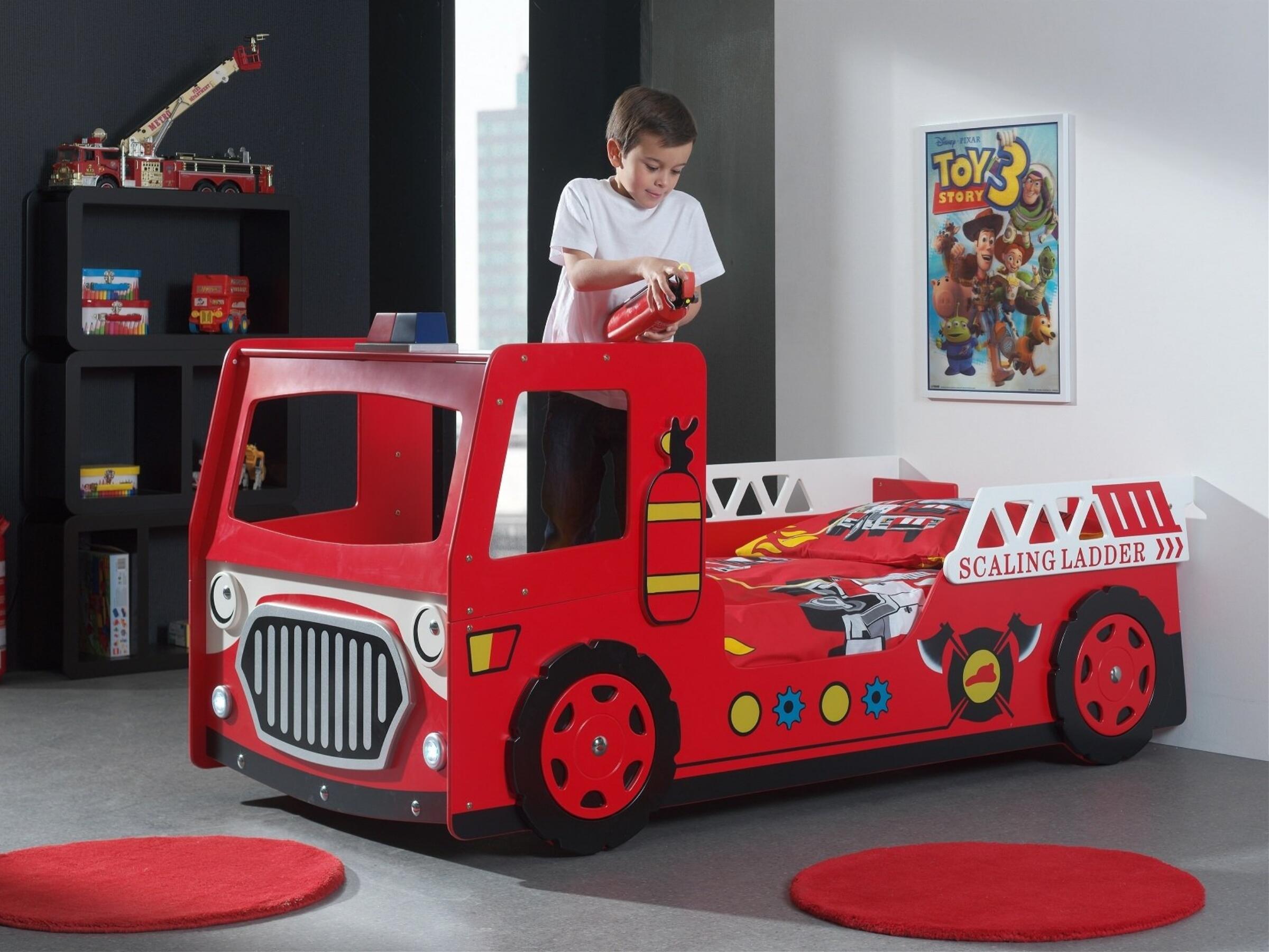 Brannbilseng med LED Lys 90x200 - Rød