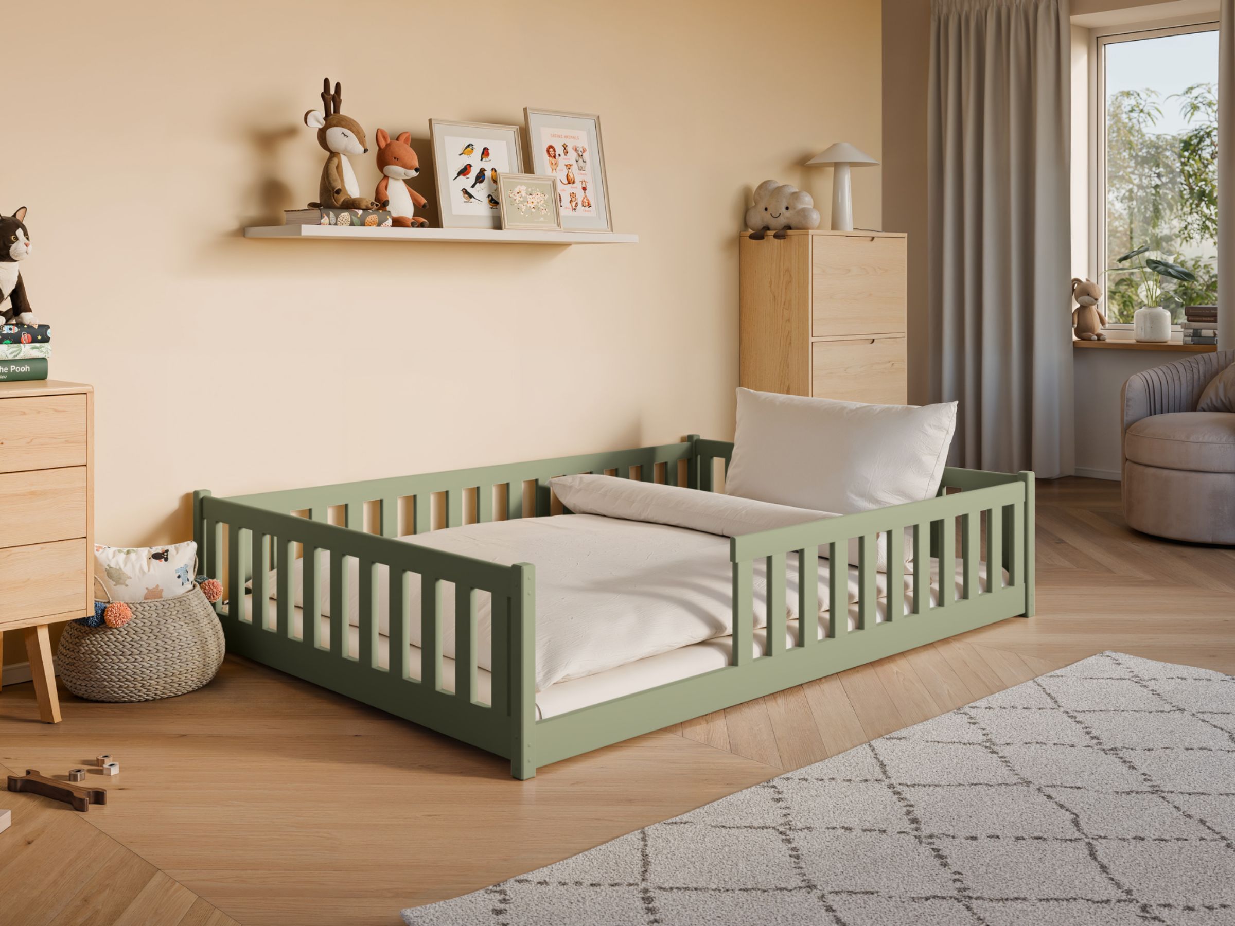 Mati Gulvseng med Lekegrind 140x200 - Olivengrønn