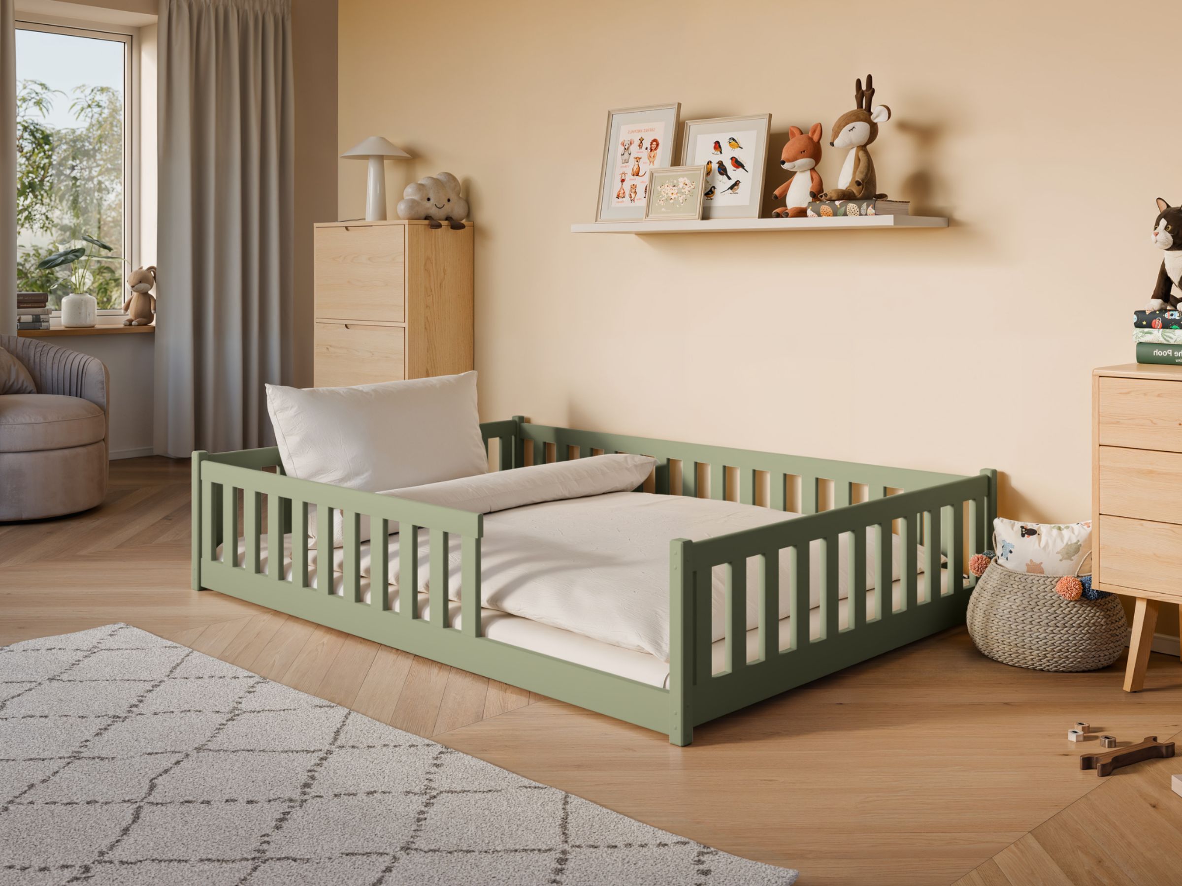 Mati Gulvseng med Lekegrind 140x200 - Olivengrønn