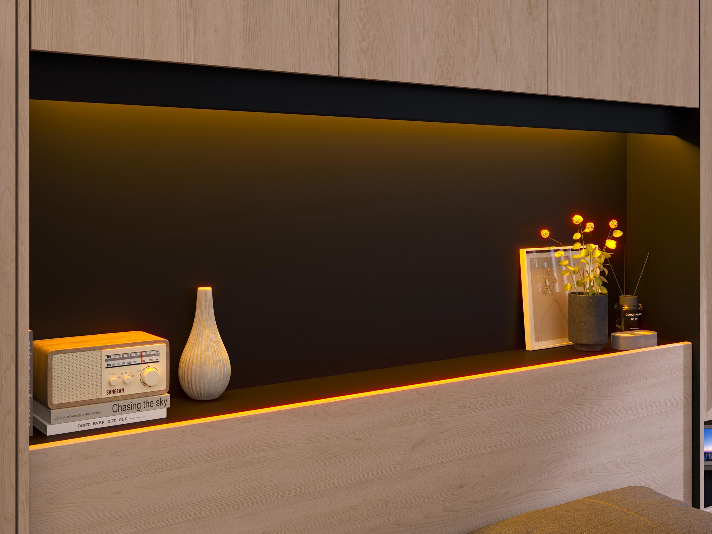 Bridge Sengegavl med Garderobeskap og LED-lys 140/160 cm - Sort/Eik