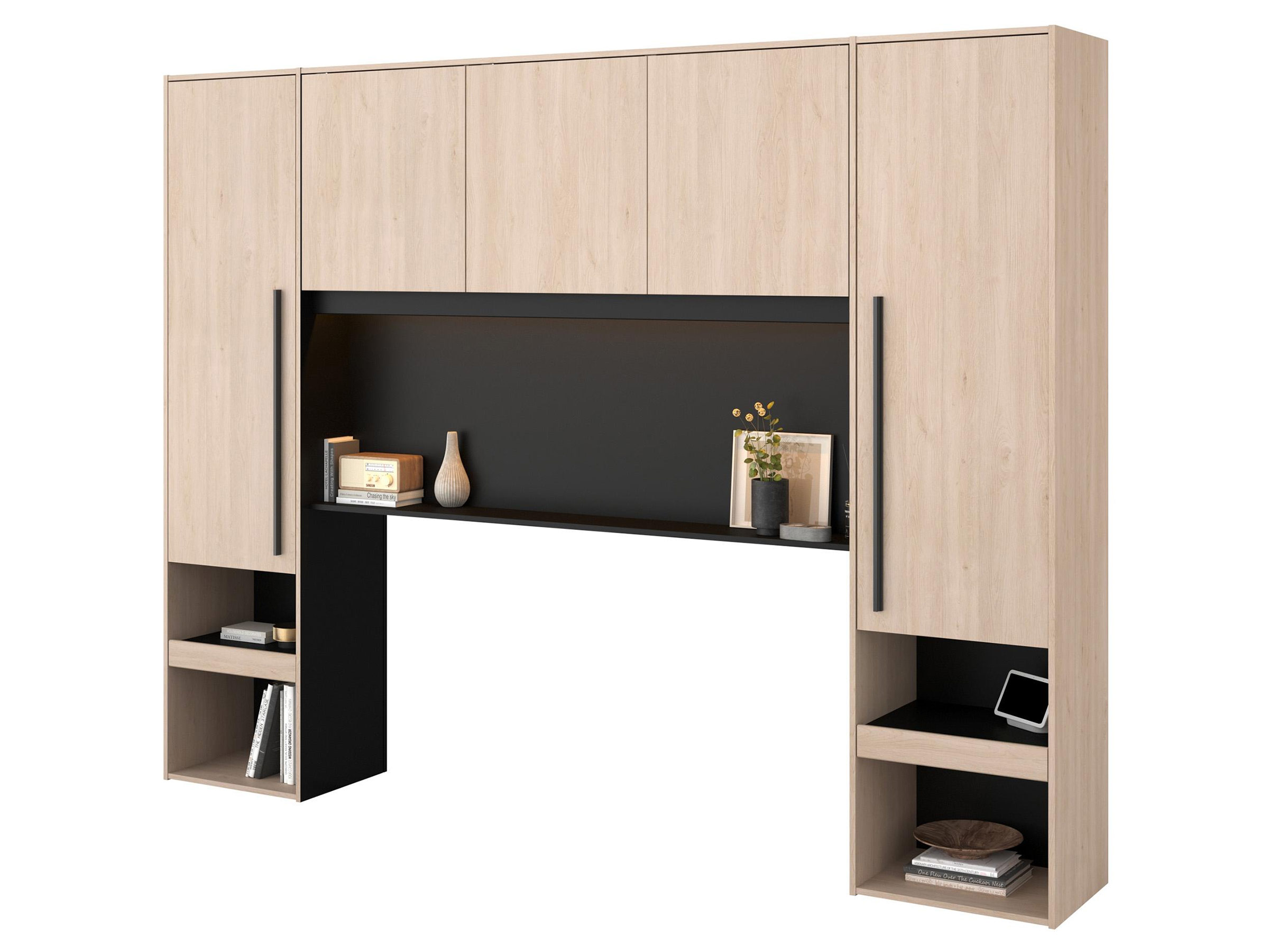 Bridge Sengegavl med Garderobeskap og LED-lys 140/160 cm - Sort/Eik