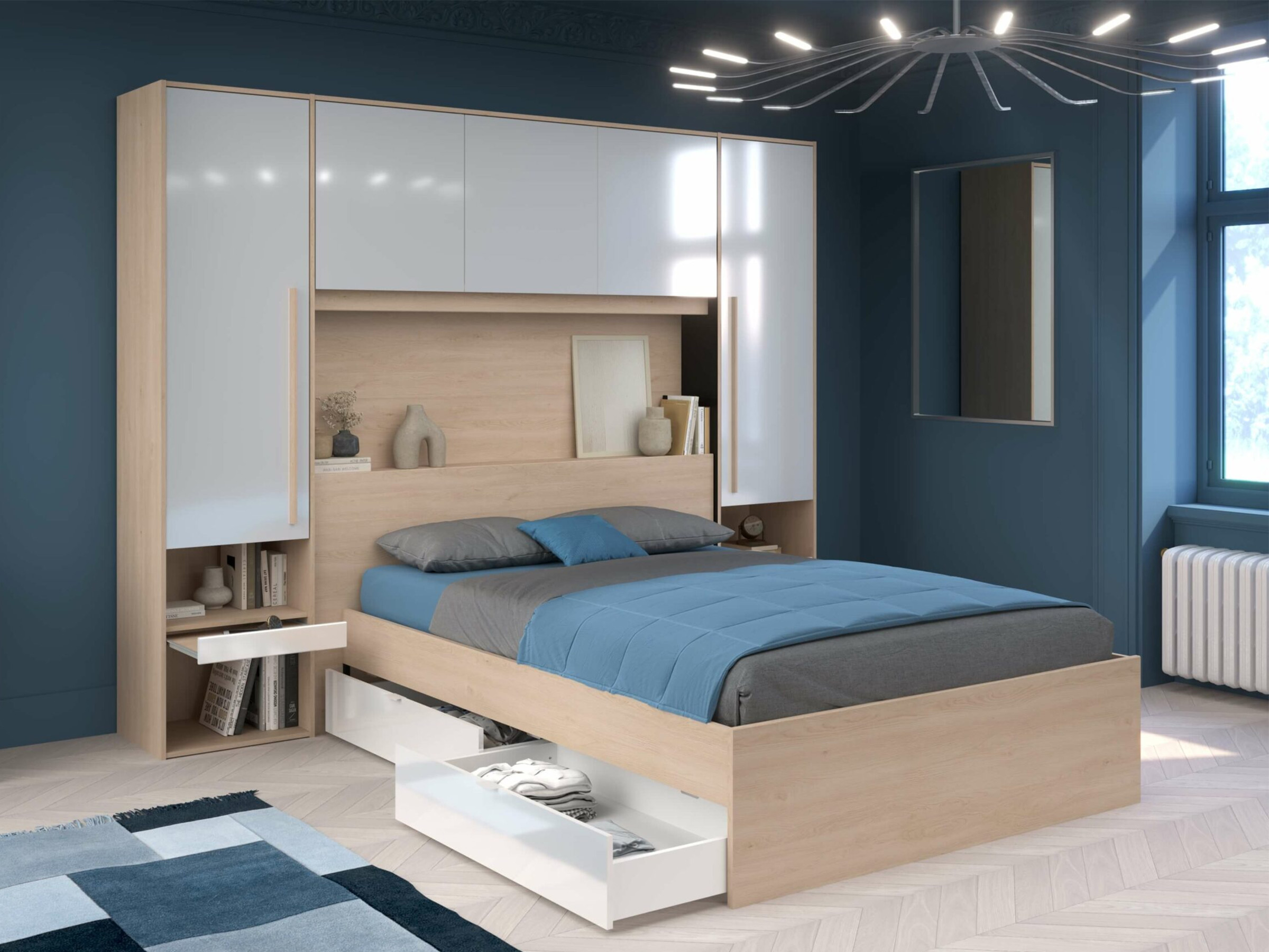 Bridge Sengegavl med Garderobeskap og LED-lys 140/160 cm - Hvit/Eik