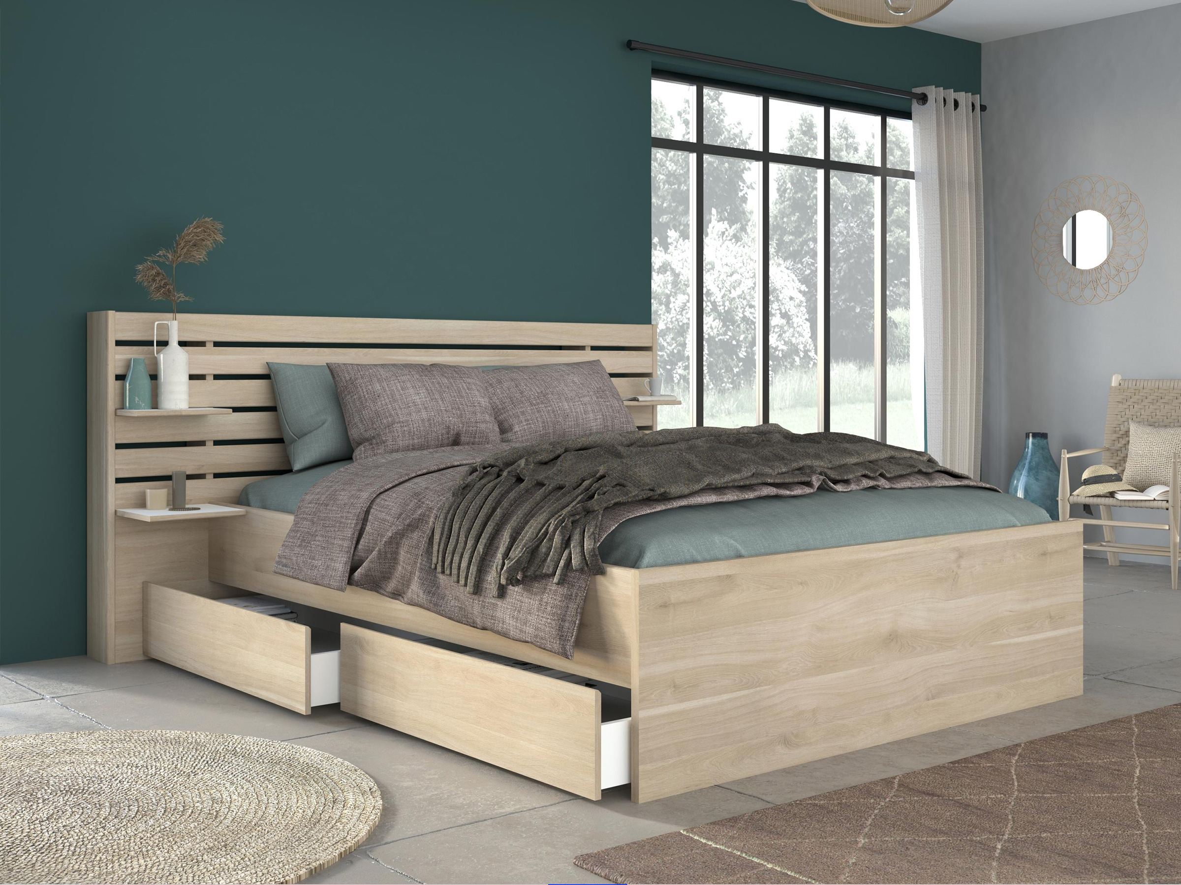 Escale Dobbeltseng med Sengegavl og Skuffer 180x200 - Japandi Eik