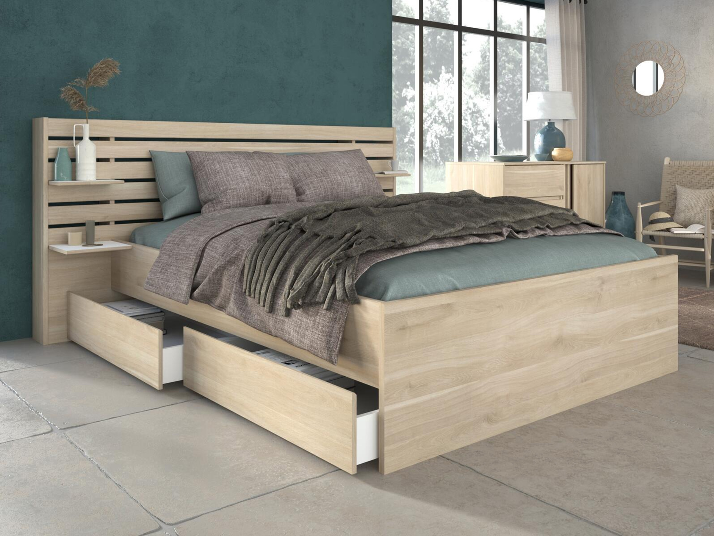 Escale Dobbeltseng med Sengegavl og Skuffer 180x200 - Japandi Eik