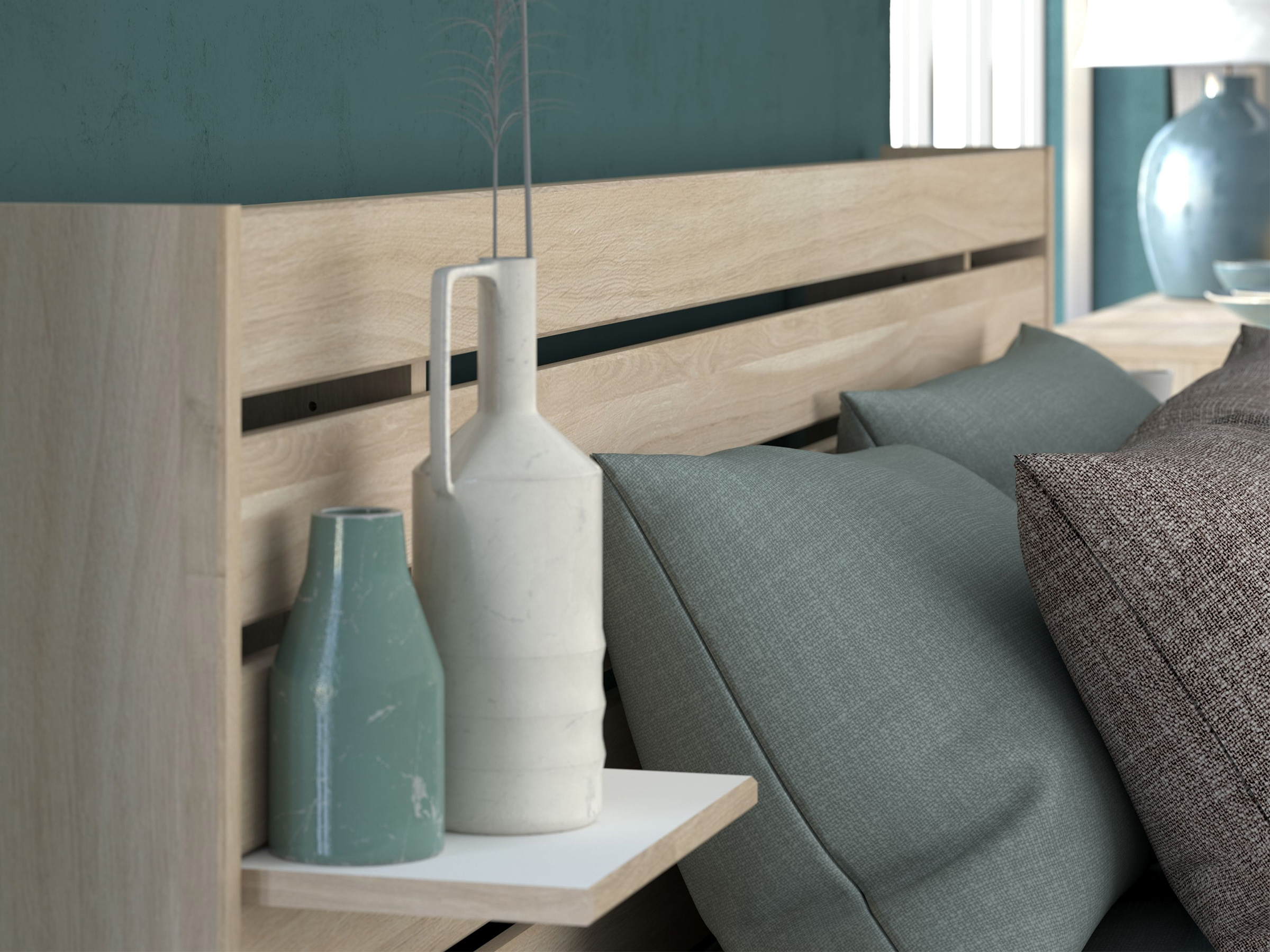 Escale Dobbeltseng med Sengegavl og Skuffer 180x200 - Japandi Eik